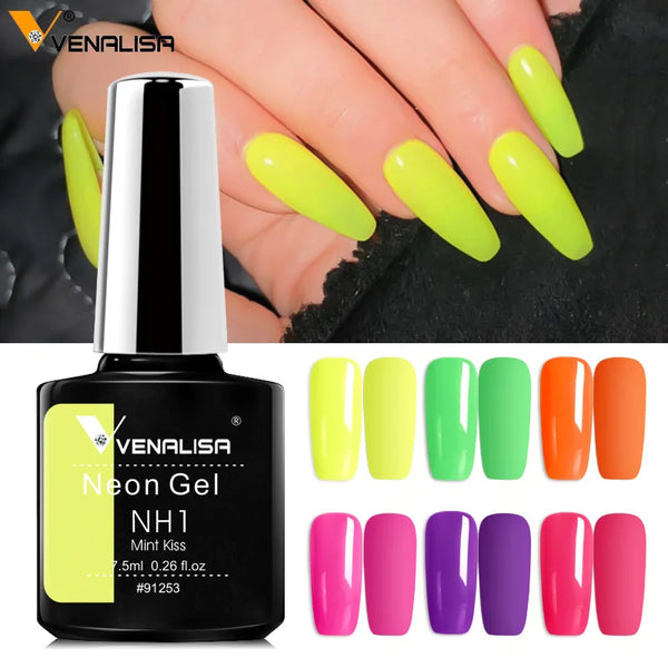 6pcs/kit Venalisa Nail Manicure Neon Nail Gel Polish 7.5ml Fluorescent Color Gel Polish Green Yellow Color Soak Off UV Nail Gel