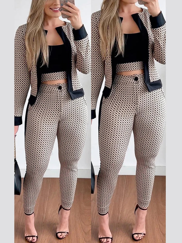 Elegant Two-piece Sets Women Autumn 2PCS Outfit Set Plaid Print Contrast Paneled Coat & Skinny Pants Set Long Trouser Tracksuits