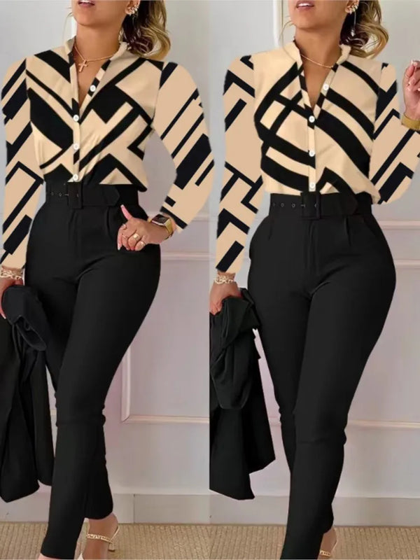 Elegant Women Printed Two Piece Suit Sets Spring Autumn V Neck Long Sleeve Shirt Top & Long Pants Set With Belt Workwear Outfits