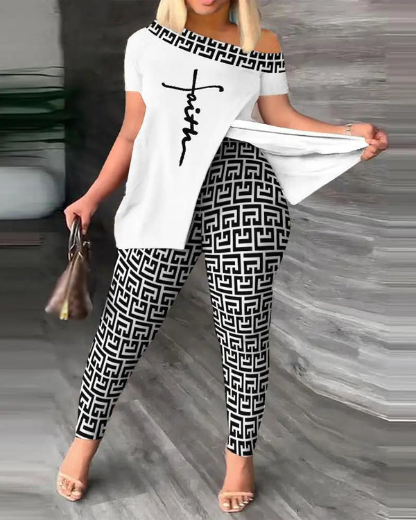 Casual African Printed 2 Piece Sets Women Off Shoulder Slit T Shirt Top Skinny Jogger Pants Suit 2 Piece Outfit Tracksuit