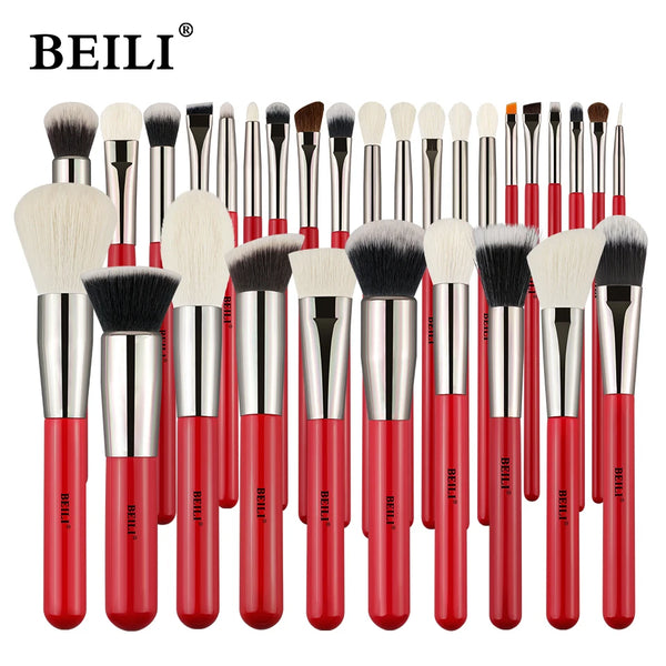 BEILI Red Natural Makeup Brushes Set 11-30pcs Foundation Blending Powder Blush Eyebrow Professional Eyeshadow brochas maquillaje