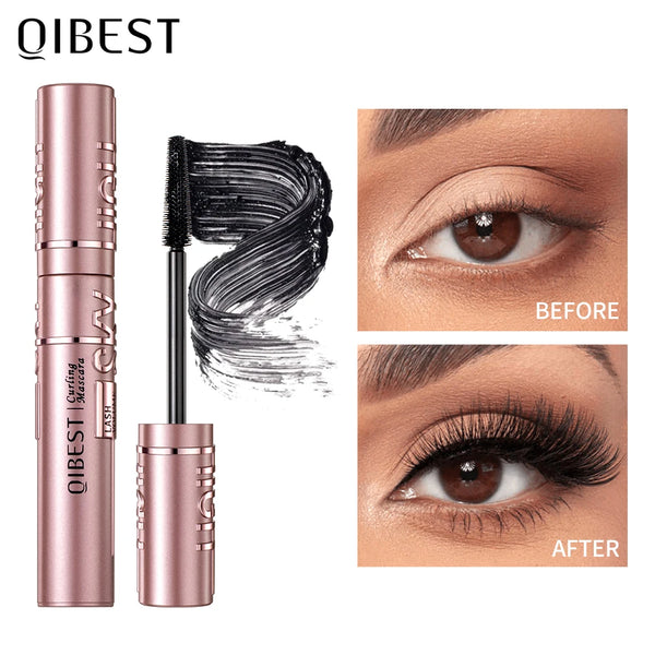 QIBEST New Silk Fiber Black Mascara Waterproof Long Lasting Extension Eyelashes Lengthening Curling Mascara Black Eyelash Makeup